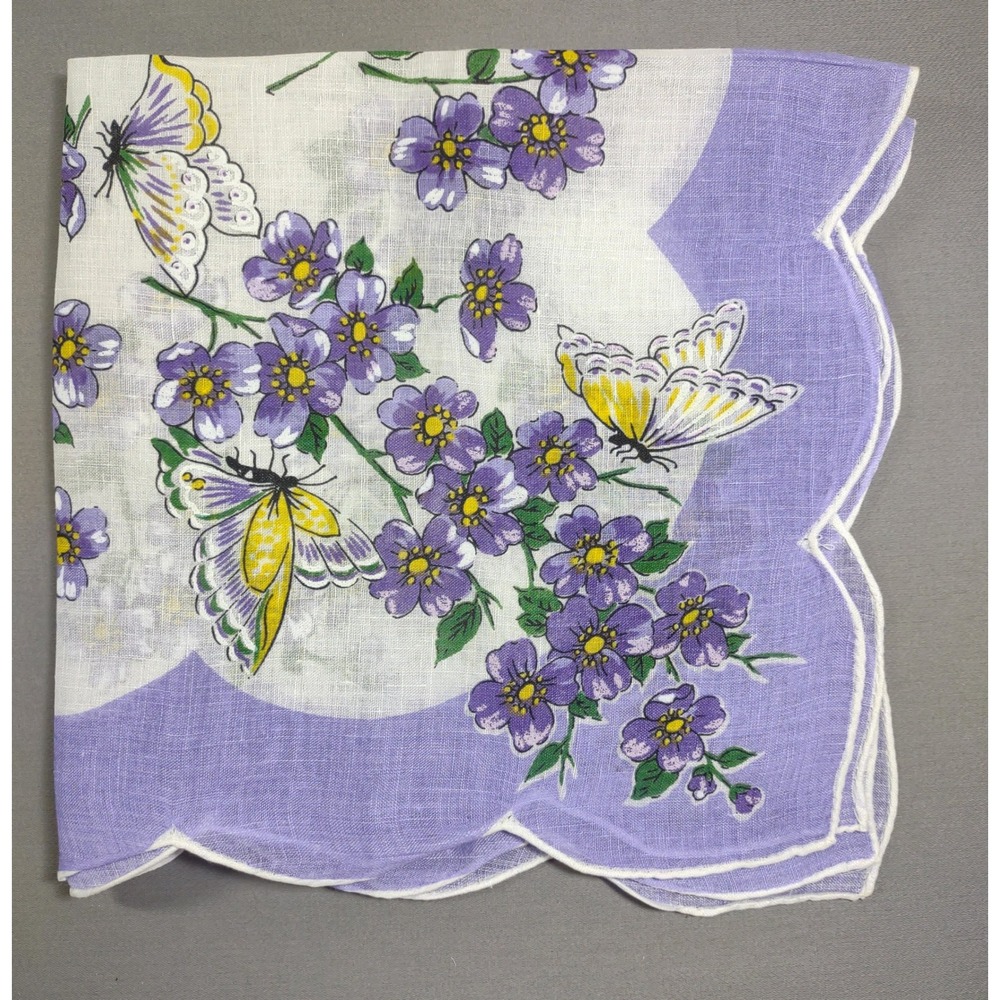 Vtg Lavender Floral Butterfly Scalloped Edge Handkerchief 14.5 x 14.75